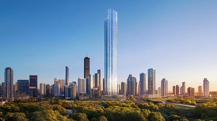 Tall central skyscraper rising above an urban skyline, sleek glass design, clear blue sky creating a vivid contrast 