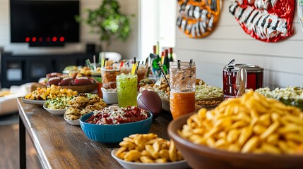 A lively Super Bowl party with snacks, football decorations, and drinks pic