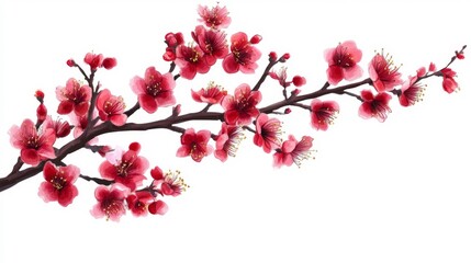 watercolor illustration of a flowering branch with pink blossoms and golden stamens on a white background