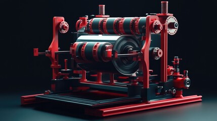 Fototapeta premium A heavy-duty rubber milling machine with rotating rollers and conveyor belts, isolated on a black matte background