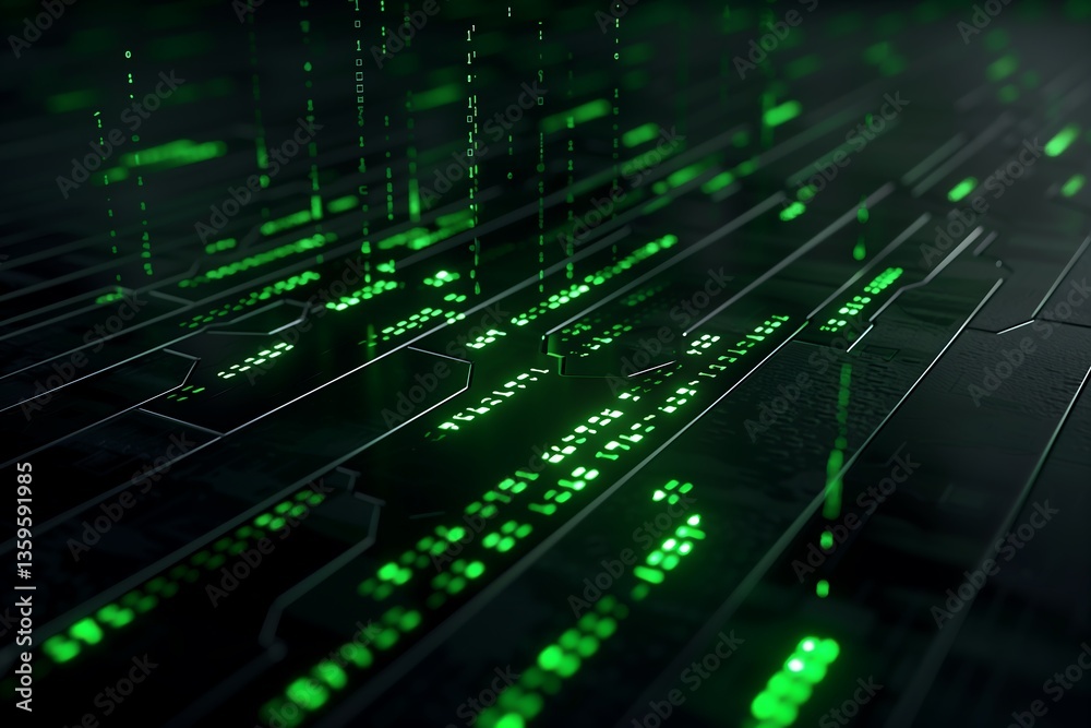 Poster a cyber-inspired abstract technology wallpaper with glowing matrix-style data flowing across a sleek