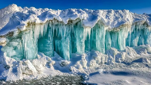 Frozen waterfall displays stunning turquoise ice formations in winter landscape