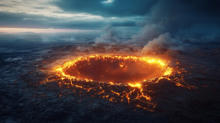 Ancient asteroid crater with glowing edges, showcasing dramatic climate shifts and prehistoric impact.