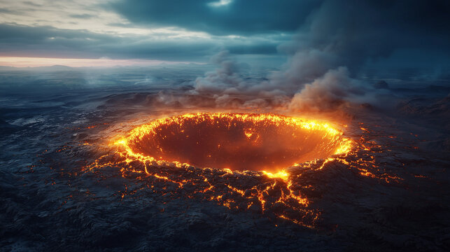 Ancient asteroid crater with glowing edges, showcasing dramatic climate shifts and prehistoric impact.