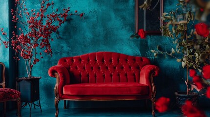 Obraz premium Luxurious red velvet couch in an elegant vintage room