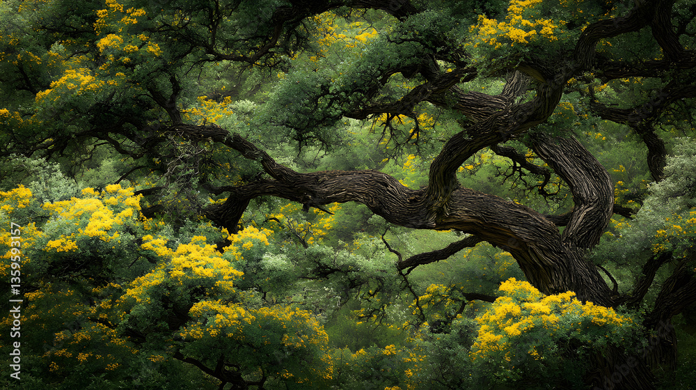 Poster dense foliage with intricate branches and hints of yellow flowers