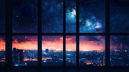 Urban skyline silhouetted against a starry night, glowing windows mirroring starlight, deep indigo sky, celestial beauty with a calm city atmosphere, wide shot.  