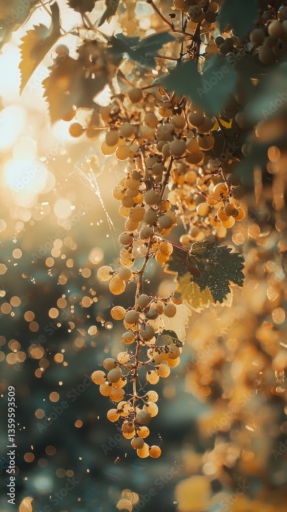 Aufkleber sunlight filters through the leaves of a vineyard, highlighting clusters of ripe grapes. the atmosph