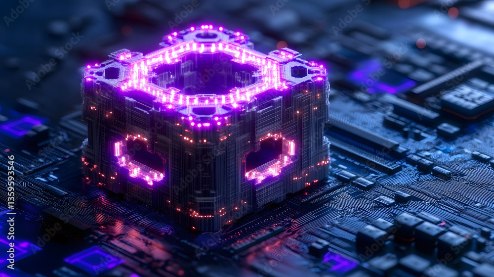 Poster Futuristic cube on a circuit board with glowing elements