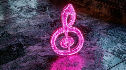 Glowing Neon Treble Clef on Dark Floor