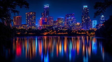 Fototapeta premium Vibrant city skyline glowing at night, skyscrapers lit with colorful lights, reflections shimmering on a calm river, wide-angle shot, moody urban ambiance. 