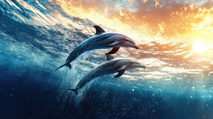 Fototapeta premium A peaceful moment of dolphins surfing the waves, their bodies glistening under the warm, fading sunlight