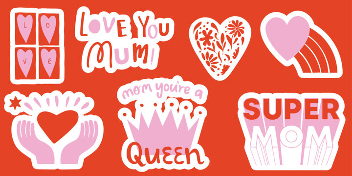 Fototapeta Bright stickers for Mother's Day with inscriptions, hearts and love symbols in pink and red colors. Suitable for greeting cards, social media and printing.