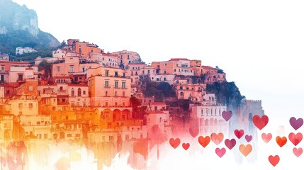 Obraz premium Dreamy double exposure of Amalfi Coast blending with pastel hearts