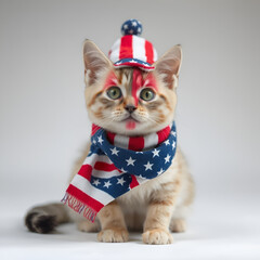  Cute Kitten in American Flag Hat and Scarf for Independence Day