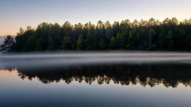 Reflections on Still Water: Serene Lake Landscape with Misty Vapor Layer