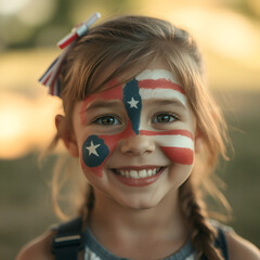 Smiling Girl with American Flag Face Paint and Patriotic Outfit