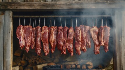 Smoked meat preparation outdoor kitchen culinary art rustic environment close-up view flavorful techniques for bbq lovers