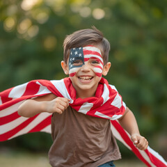 Happy Boy with American Flag Face Paint and Cape Celebrating Independence Day