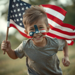 Energetic Boy Running with American Flag on Independence Day