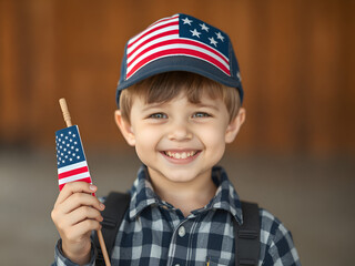Energetic Boy Running with American Flag on Independence Day