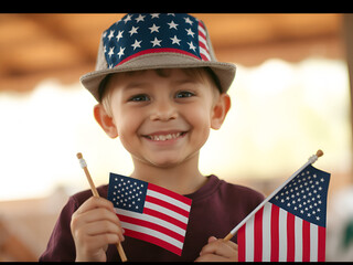 Energetic Boy Running with American Flag on Independence Day