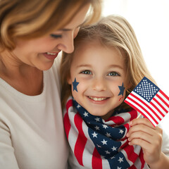 Smiling Girl with American Flag and Mom Celebrating Independence Day