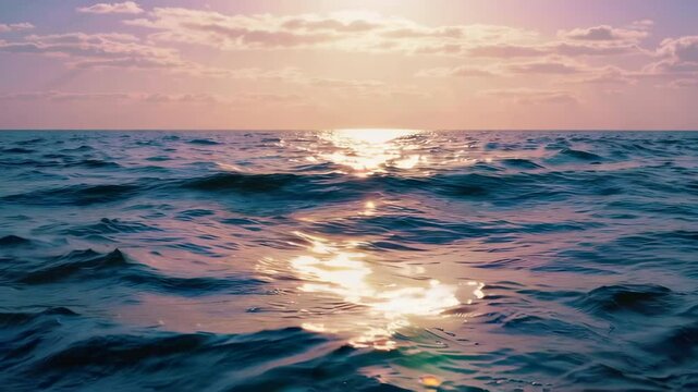 Peaceful ocean waves gently moving under a golden sunset sky, with soft reflections and a tranquil atmosphere, ideal seamless loop for relaxation, meditation, and cinematic background use