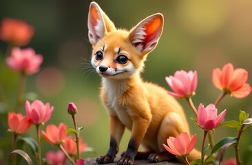 Obraz premium Fox fennec in the midst of beautiful pink flowers.