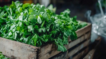 Obraz premium Freshly harvested cilantro displayed in a wooden crate at a local market during early morning hours