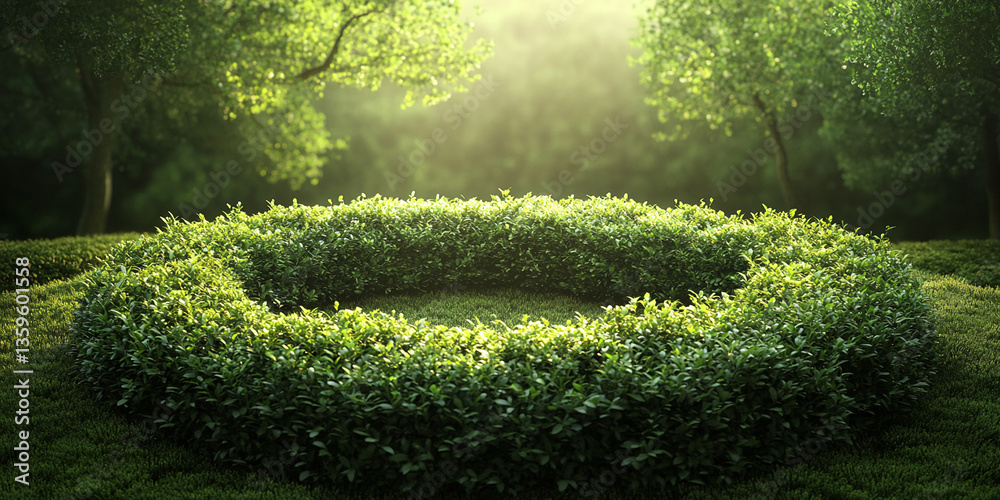 Aufkleber circular green bush creates a natural showcase in a sunlit forest, ideal for product display or text