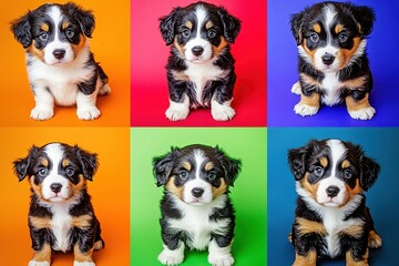 Obraz premium Adorable puppies sitting against vibrant colored backgrounds showcasing their playful nature