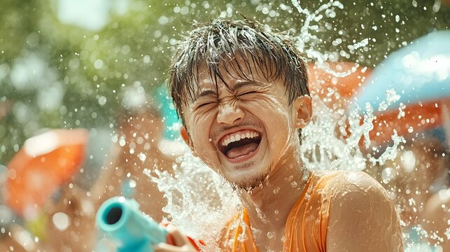 A young carefree boy is ecstatically laughing and splashing in the refreshing water embracing the warmth and freedom of a sunny summer day outdoors