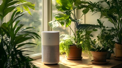 Fototapeta premium Sleek white air purifier stands in a bright minimalist home, surrounded by green plants, basking in warm sunlight, promoting a fresh, eco-friendly lifestyle with clean air.