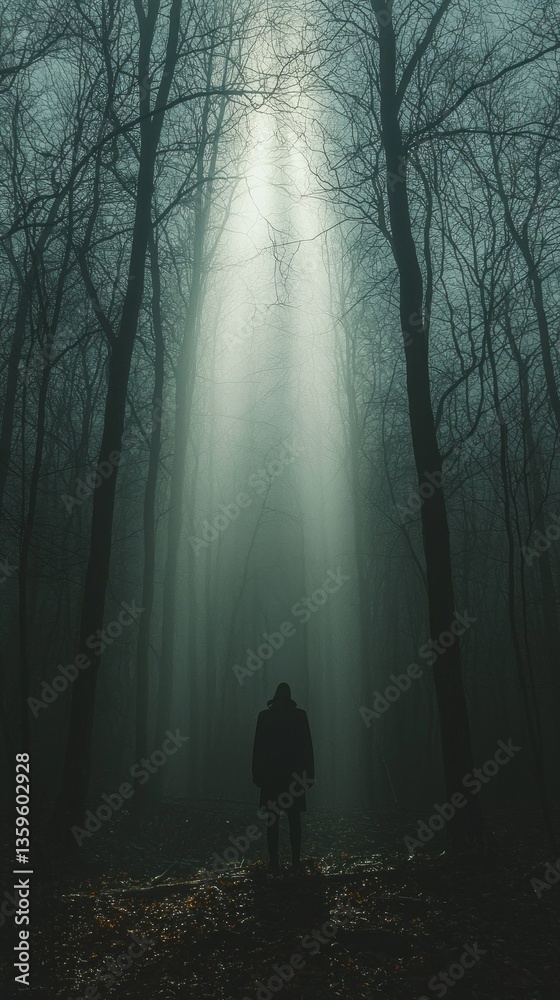 Aufkleber A lone figure stands amidst towering trees as ethereal beams of light pierce through the mist of a moody forest at twilight, creating a captivating atmosphere that feels almost magical