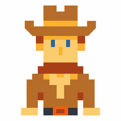 Pixel Art Cowboy Character in Brown Outfit and Hat with Blue Eyes