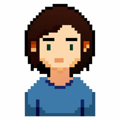 Fototapeta premium Pixel Art Portrait of Young Person with Brown Hair and Green Eyes in Blue Shirt