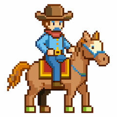 Obraz premium Retro Pixel Art Cowboy Riding Horse Nostalgic 8 Bit Western Character
