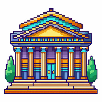 recommend clip art: Colorful Pixel Art Bank Building with Columns and Trees   Retro Digital Illustration