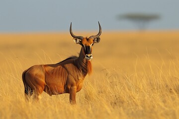Obraz premium Lone Alcelaphus buselaphus Hartebeest standing alert golden grassland of African savanna long lyre shaped horn curve backward elegantly scan horizon predator sun cast warm glow reddish brown coat