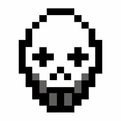 Retro Pixel Art Skull Icon in Black and White with Crossed Eyes, Classic 8 Bit Gaming Style Graphic