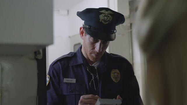 Police officer at the entrance of apartment, questioning a woman while taking notes in notepad. Investigation, law enforcement, and crime-solving. Police procedures, witness statements, crime reports.