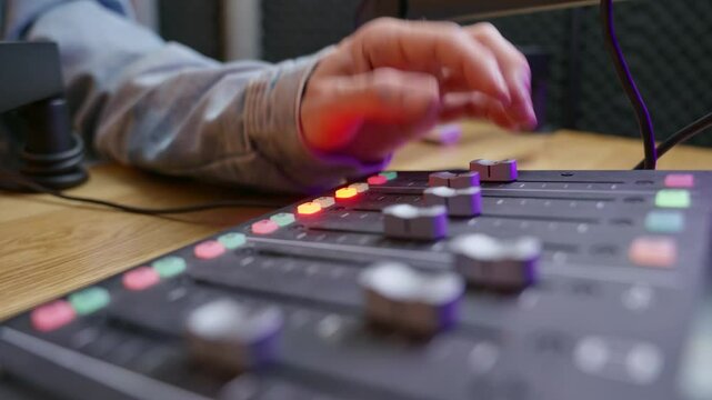 Close-up of hands adjusting knobs on a professional sound engineering console in a podcast or music studio. Audio production, mixing, fine-tuning sound quality. Music production, broadcasting, studio.