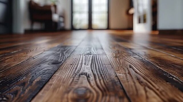 Close-up shot of empty fashionable living sitting lounge room with wooden laminate floor and light from the window behind. Home parquet with brown wooden texture as blank mock-up space.1
