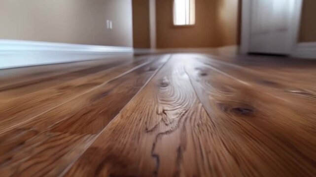 Close-up shot of empty fashionable living sitting lounge room with wooden laminate floor and light from the window behind. Home parquet with brown wooden texture as blank mock-up space.4