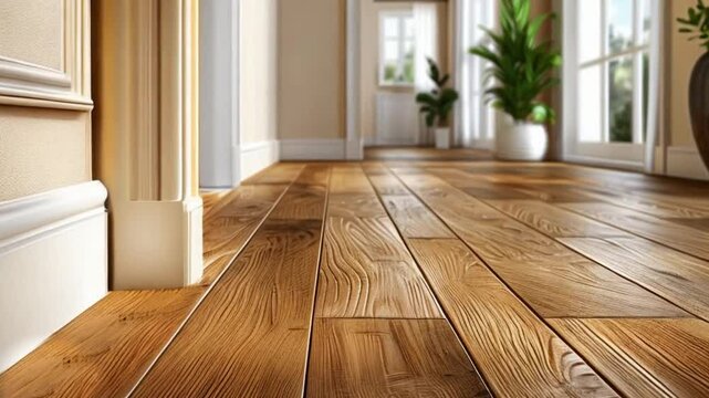 Close-up shot of empty fashionable living sitting lounge room with wooden laminate floor and light from the window behind. Home parquet with brown wooden texture as blank mock-up space.7