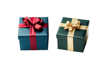 Fototapeta premium two beautifully wrapped gift boxes one in dark blue with a red ribbon and the other in dark green with a gold ribbon symbolizing celebration and gifting