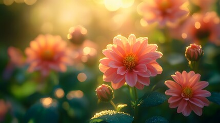 Vivid pink and orange flowers bloom in a sunlit garden, surrounded by lush greenery and morning dew, radiating a cheerful spring vibe with soft natural bokeh.