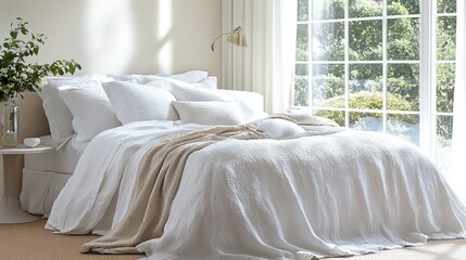 A crisp white linen bed with a soft throw blanket and sunlight streaming through the window digital