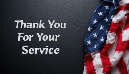 Near the American flag, on a black backdrop, is the text "Thank You For Your Service." An American flag folded on a dark backdrop. Veterans Day and Memorial Day. USA emblem. festivity of the holidays.